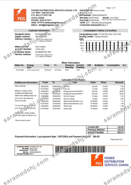 Ghana PDS electricity business utility bill template in Word and PDF formats